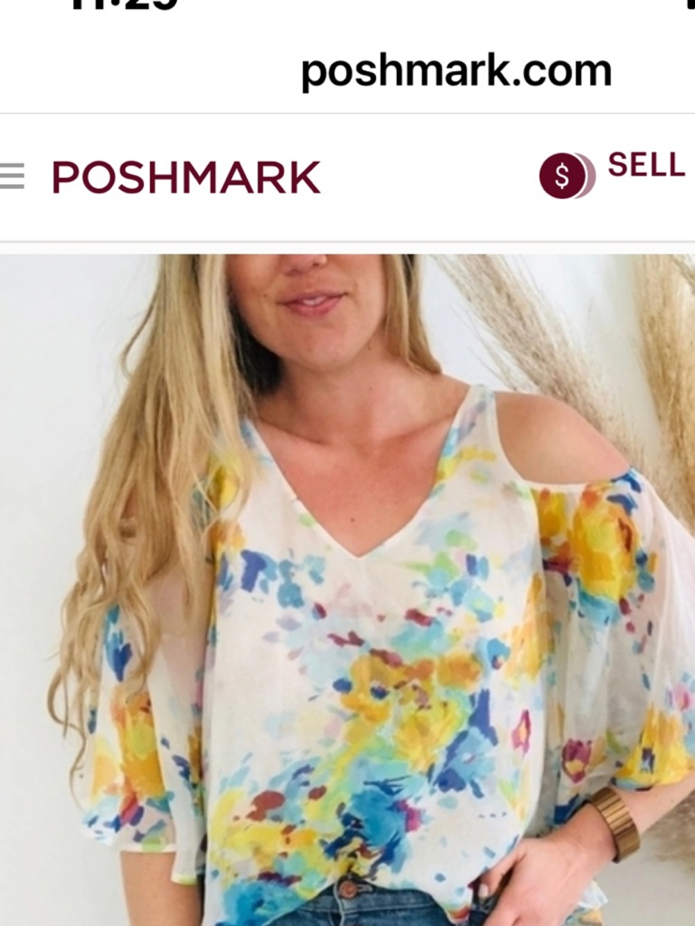 Maeve Silk Cold-Shoulder Watercolor V-Neck Top with Yellow & Blue Accents